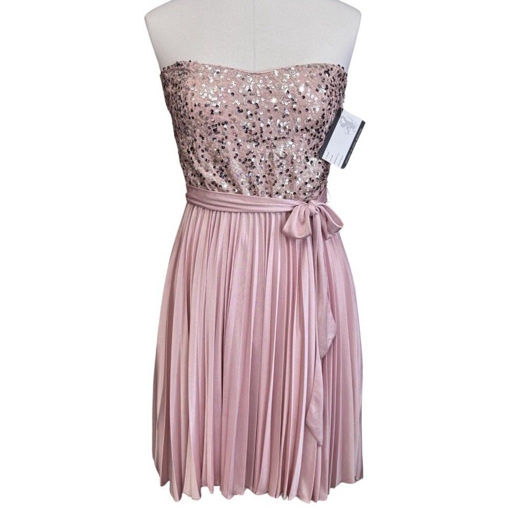 AS U WISH Sequin Strapless Pleated Mini Dress Juniors Medium Pink Party Prom NEW